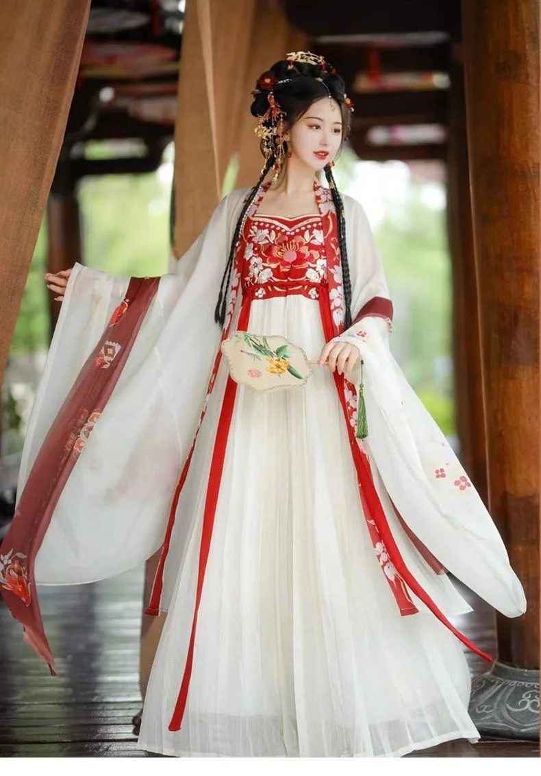 Hanfu Chinese Jurk Vrouwen Traditionele Vintage Hanfu Halloween Cosplay Kostuum Zomer Dansjurk Hanfu Gradiënt Rood 3 Stuks Sets