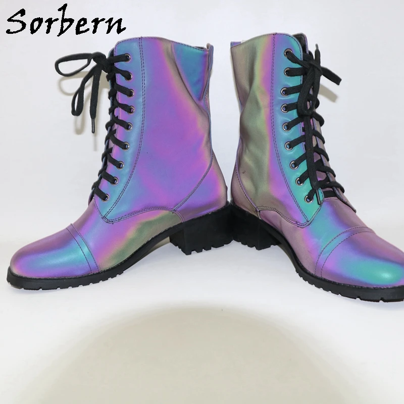 Sorbern Black Reflective Ankle Boots For Women Square Low Heels Round Toe Unisex Style Short Booties Lace Up Custom Color