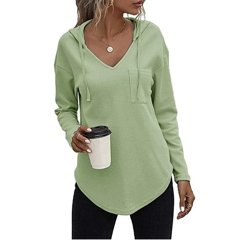 New Women's V-neck Long Sleeved Hooded Sweatshirt Waffle Hoodie Women's Drawstring Pullover Top Pocket