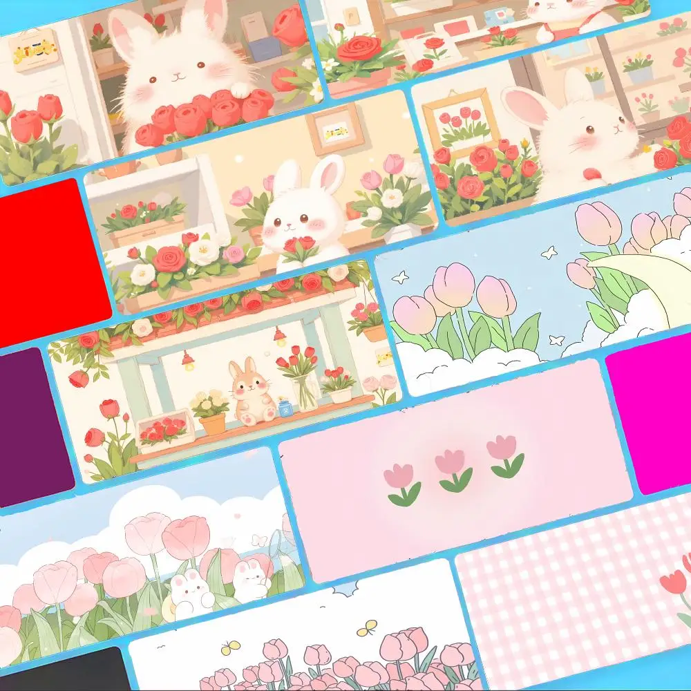Delicate Whimsical T-Tulips And Small Animals Mouse Pad Non-Slip Large Desk Mat Thick Stitched Edge Gaming Mousepad