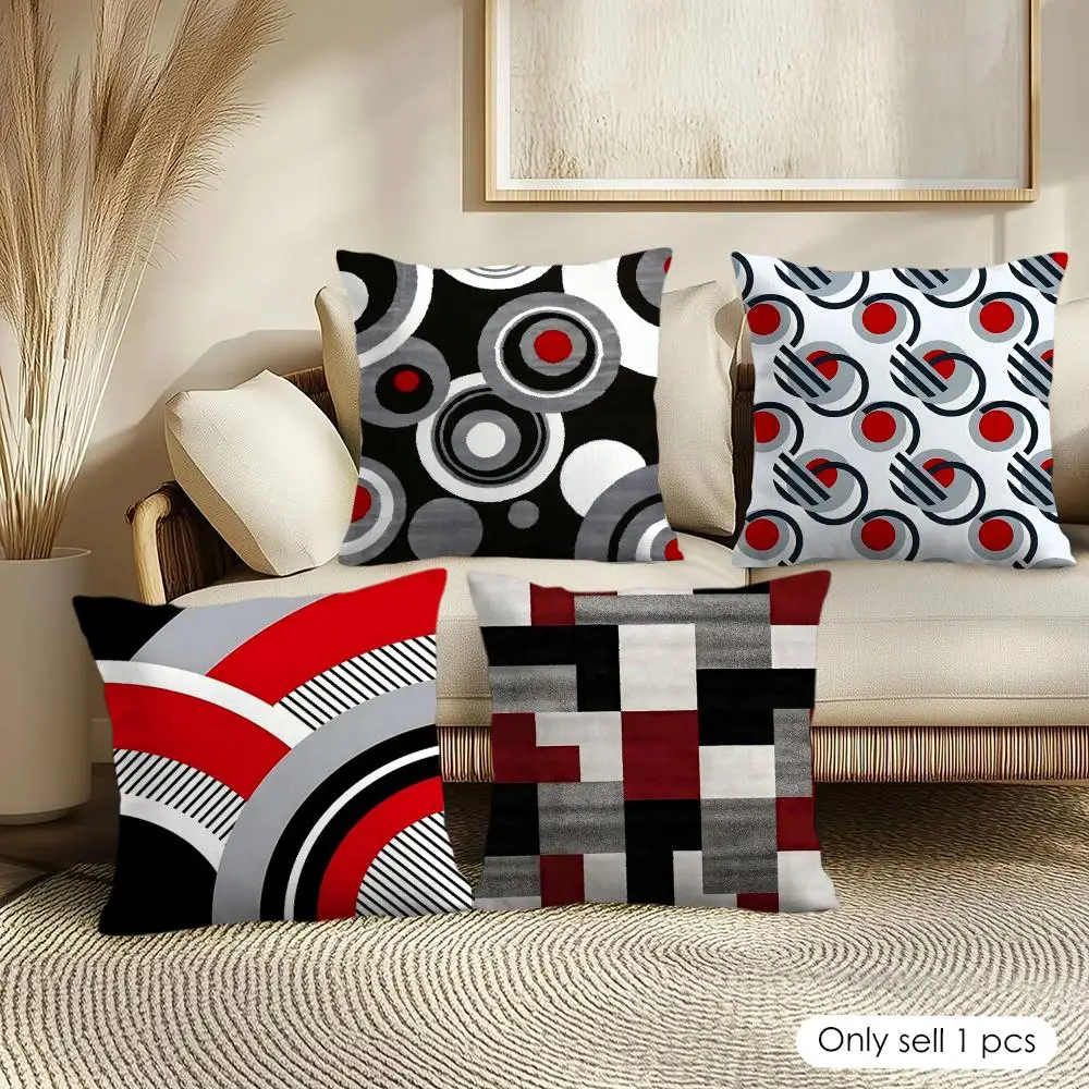 Abstract Gray and Red Wave Cushion Cover Soft Short Plush Pillow Cover Smooth Cozy Texture Aesthetic Cushion Case Home Decor