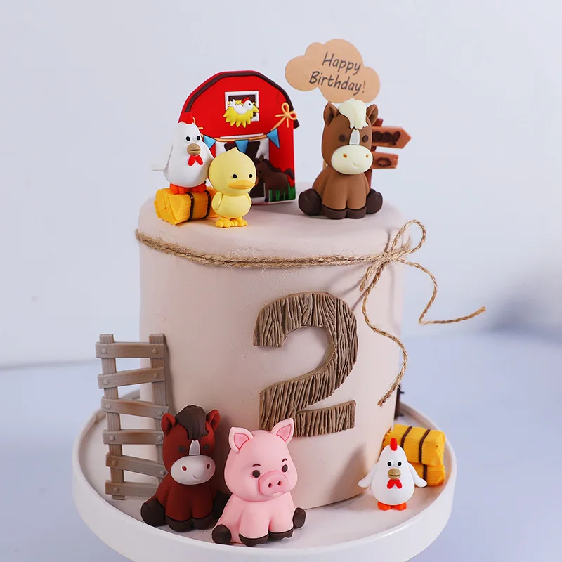 New Farm Animal Cake Topper Ponies Piglets Chick Trees Grass Children Happy Birthday Party Cake Decoration Baby Shower Supplies