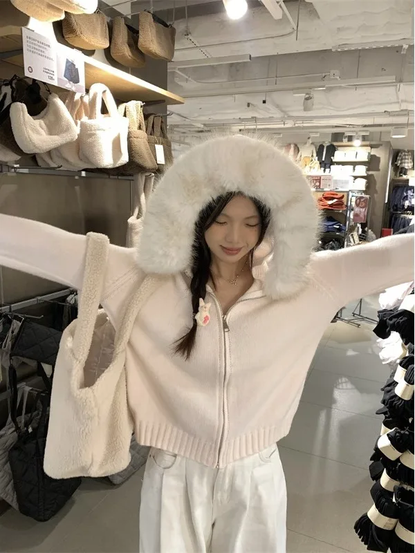 퍼 칼라와 지퍼가 있는 한국 슬레 블라 치즈 클라우드 스노우볼 니트 스웨터 코트, 오버사이즈 길이의 따뜻한 보온 롱 스웨터