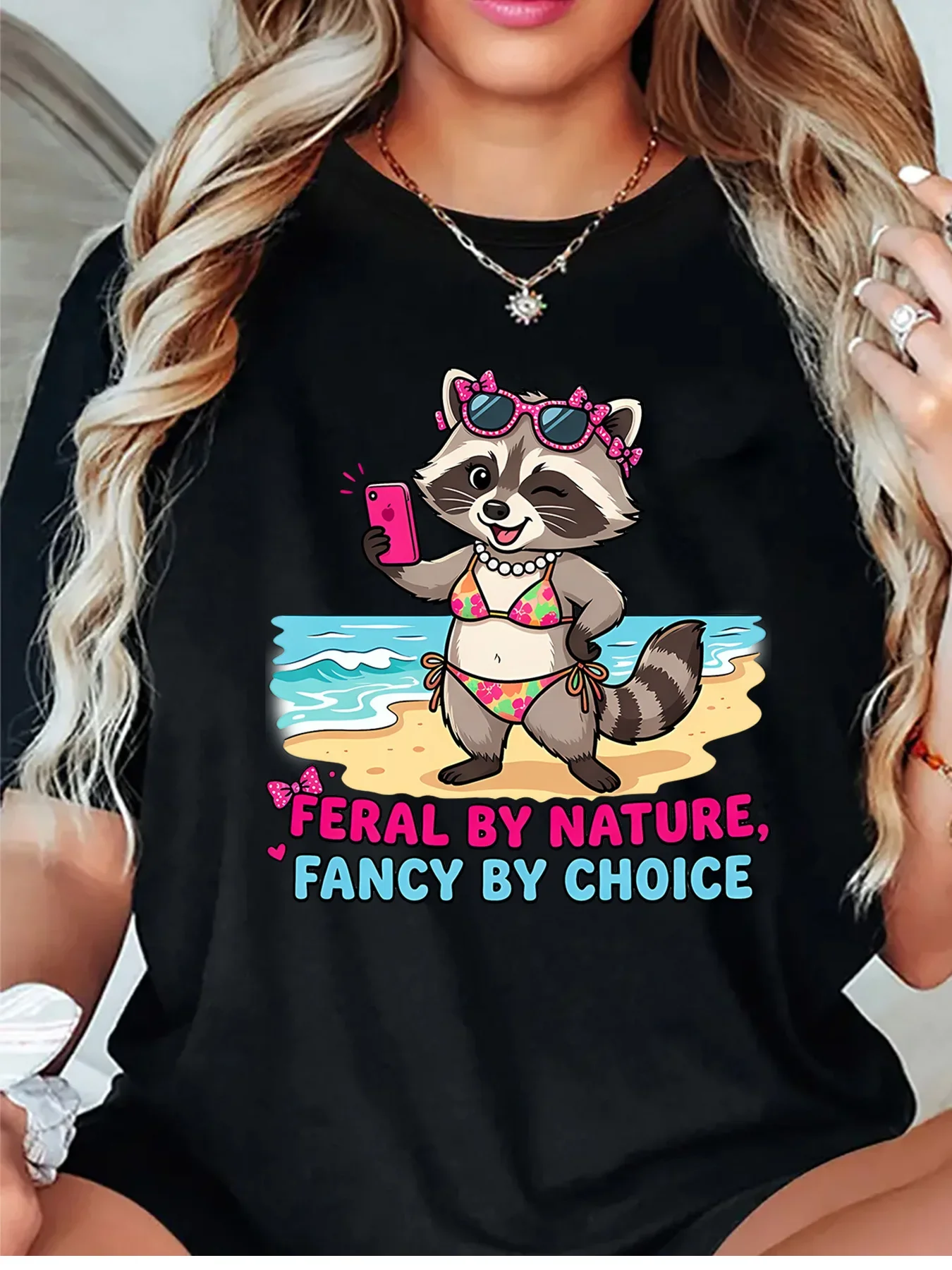 Cute Beach Raccoon Selfie Summer Fancy Quote Cartoon Graphic Womens T Shirt Short Sleeve Crew Neck Casual Ladies Tee Tops