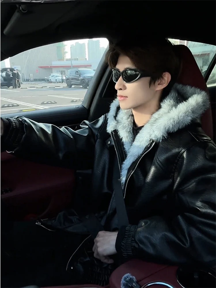 

American Sle Hooded PU Leather Wolf King Mountain Eagle Jaet Men's Winter Thiened Jaet for Couples Cotton Coat