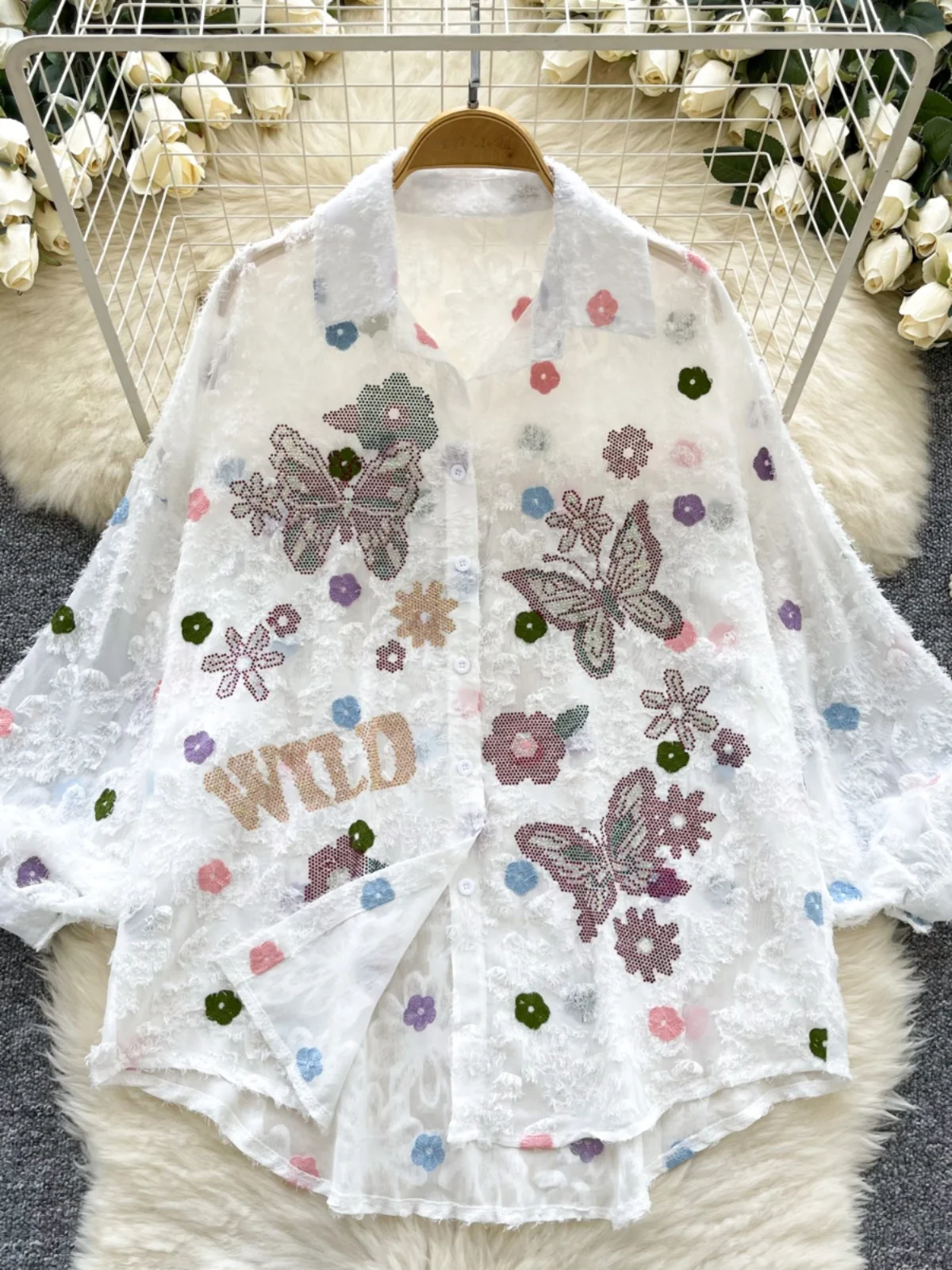 

Loose Women's Bubble Sve Embroidered Sequin irt Korean Sle Commute Faion Net Material Long Sve Autumn Top