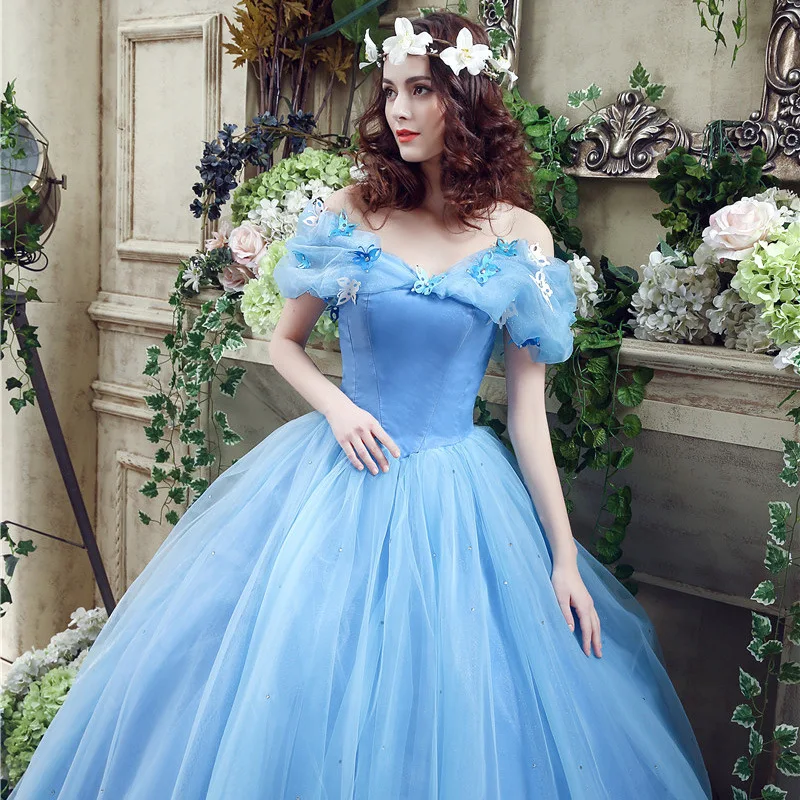 New Vestidos Blue Quinceanera Dress With Trian Elegant Off Shoulder Ball Gown Party Dress Plus Size Prom Gown Sweet butterfly