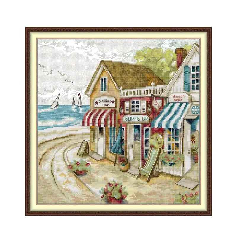 Shops by the Sea cross stitch kit cartoon 14ct 11ct count print canvas stitches embroidery DIY handmade needlework