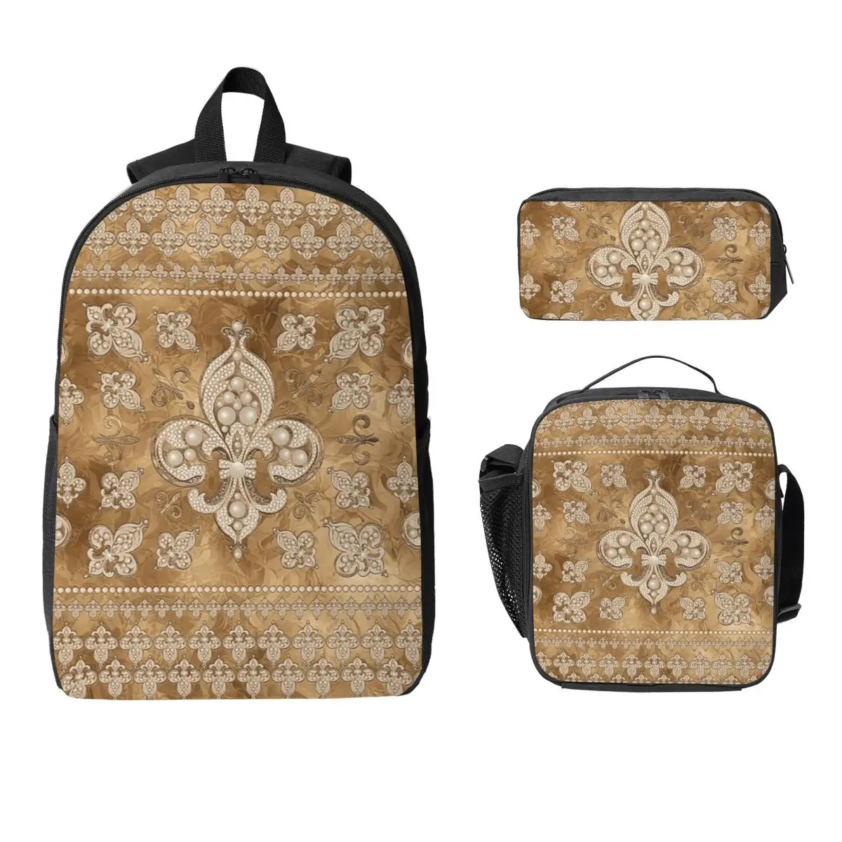 

Fleur-de-lis Luxury Pearl And Gold Backpack BookBag School Bag Laptop Shoulder Bags 3ps Insulated Lunch Bag Pencil Case