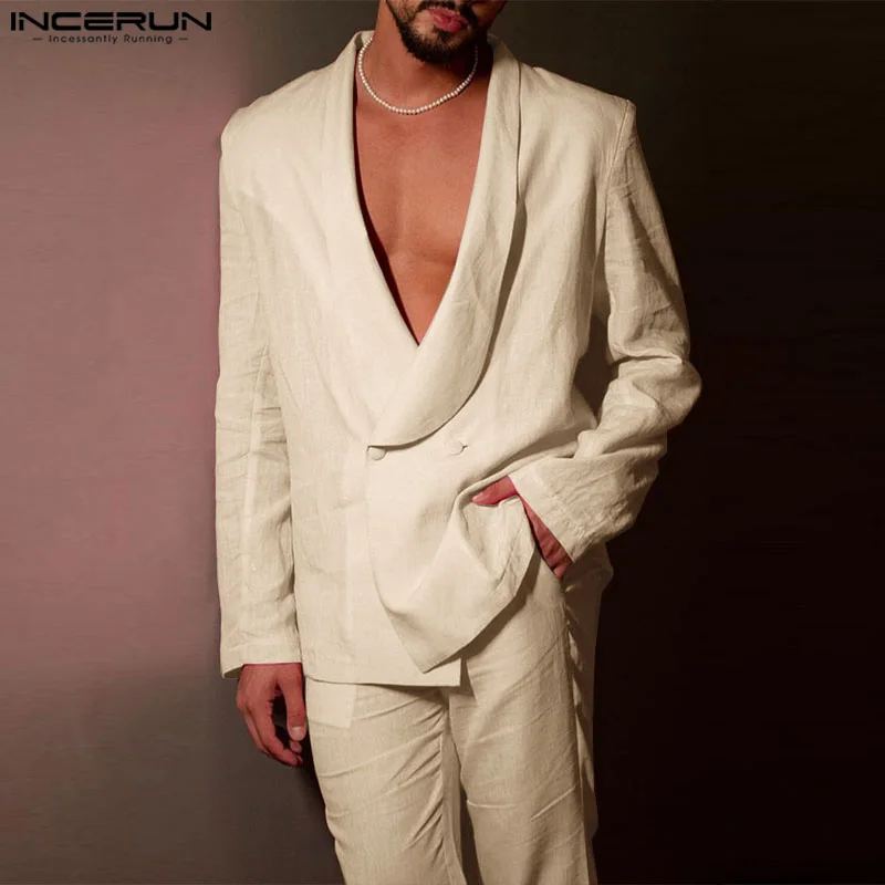 INCERUN Men Solid Color Pant Sets Csual 2PCS outfits Long Sleeve Tops Elastic Waist Pocket Pant Suits Sexy Elegant Loose Suits