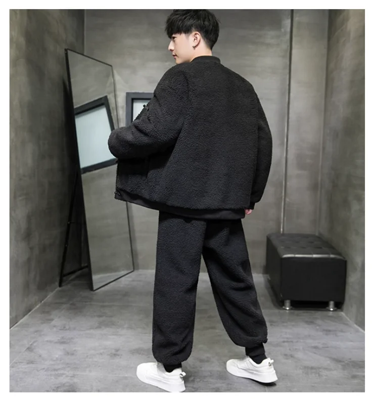 Men's Thickened Lamb Wool Two-Piece Set Chinese Style Winter Jacket Male Gown Outerwear Cotton Clothes New Arrival