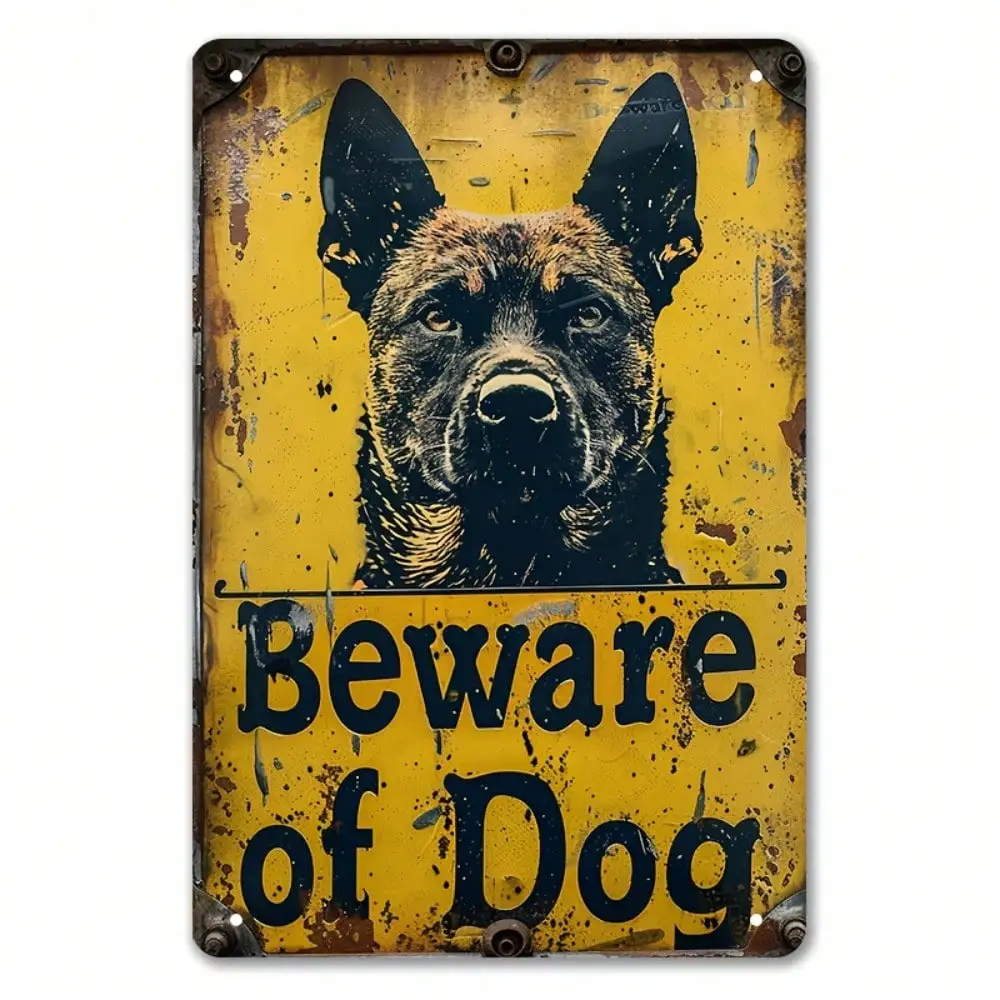 Vintage-Metallschild „Beware of Dog“ mit deutschem Schäferhund, rustikale verwitterte Wanddekoration, Gelb, Orange, wasserdicht