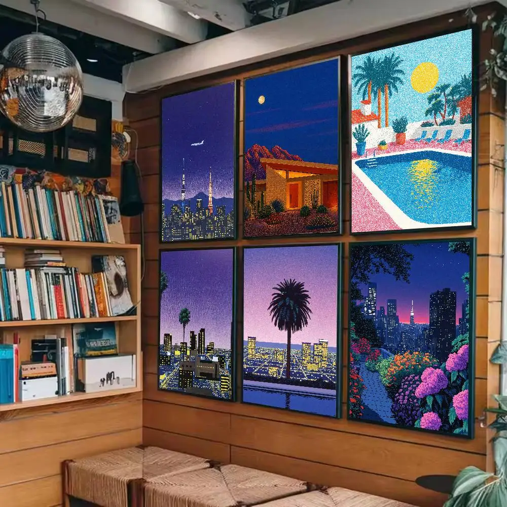 Vaporwave Cityscape Poster Retro 80s 90s Art California Palm Tree Sunset Scenery Vintage Synthwave Urban Night Skyline Bedroom