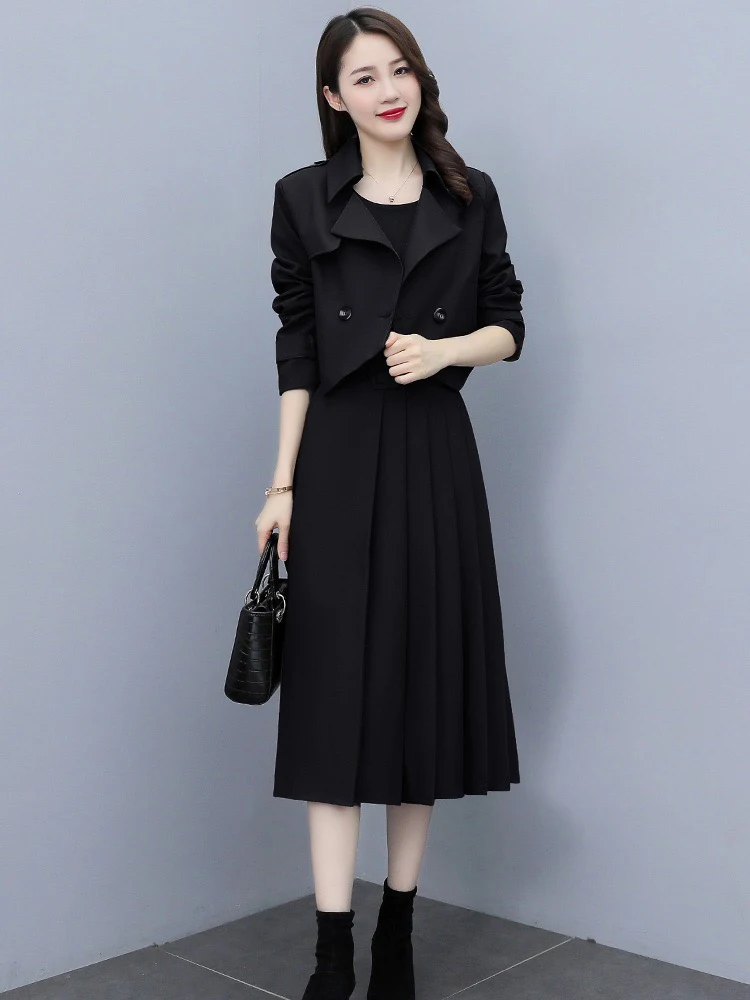 4xl Office Mid Pleated Skirt Two Piece Sets Women Korean Short Blazer Jackets And A-line Skirts Suit Elegant Spring Fall Outfits