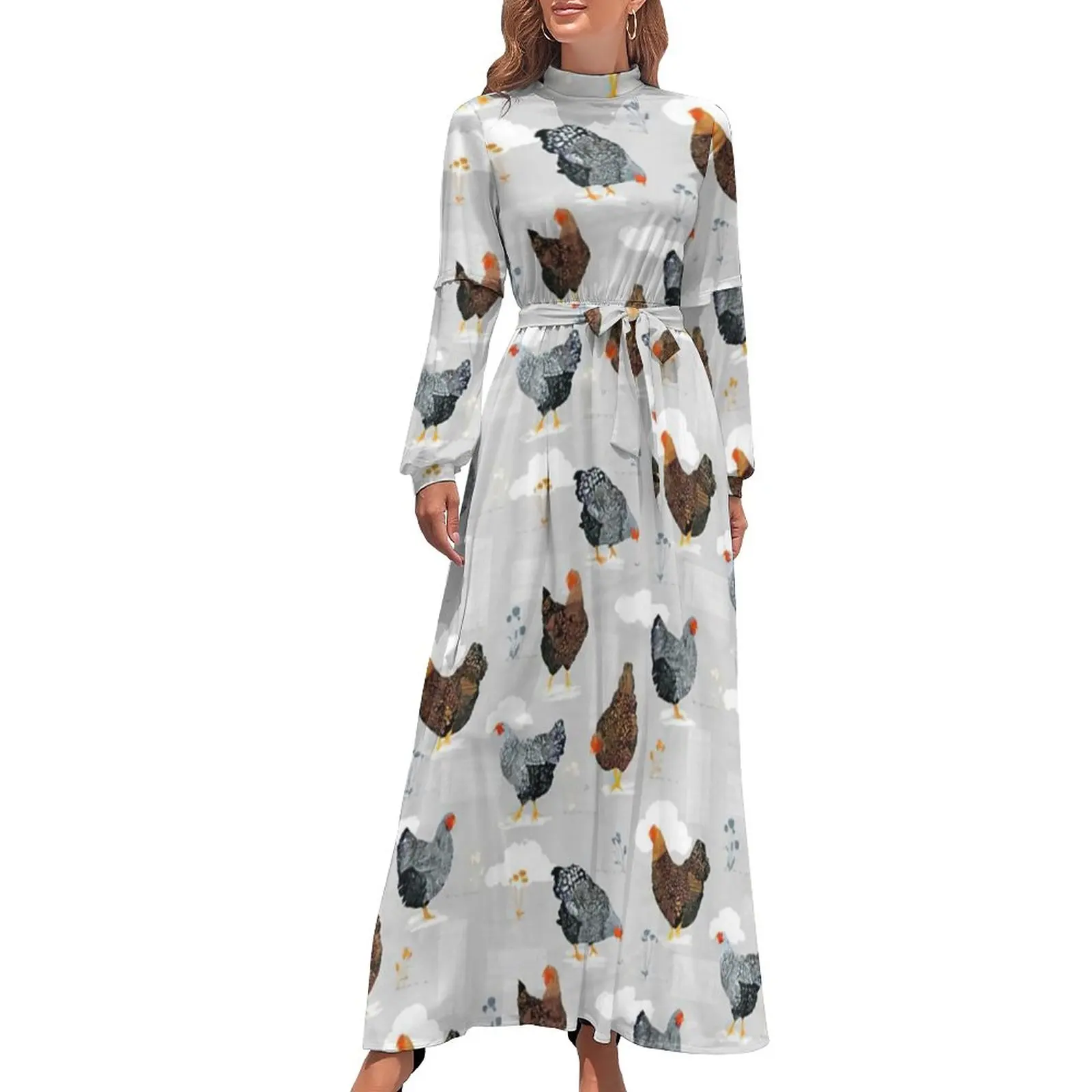 Chicken Art Dress High Neck Cute Hen Print Graphic Boho Beach Dresses Long Sleeve Street Fashion Long Maxi Dress Party Clothes