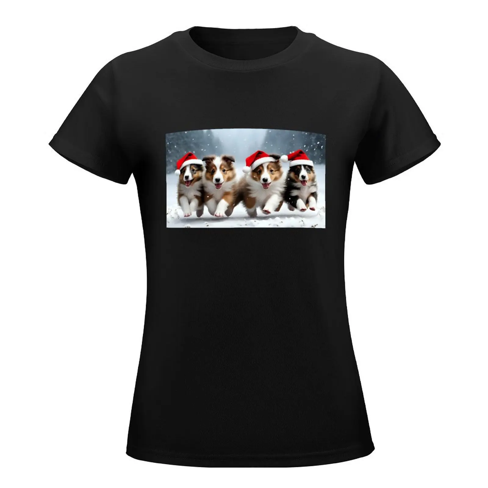 Shetland sheepdog puppies running in the snow T-Shirt plain plus sizes customs oversized workout shirts for Women