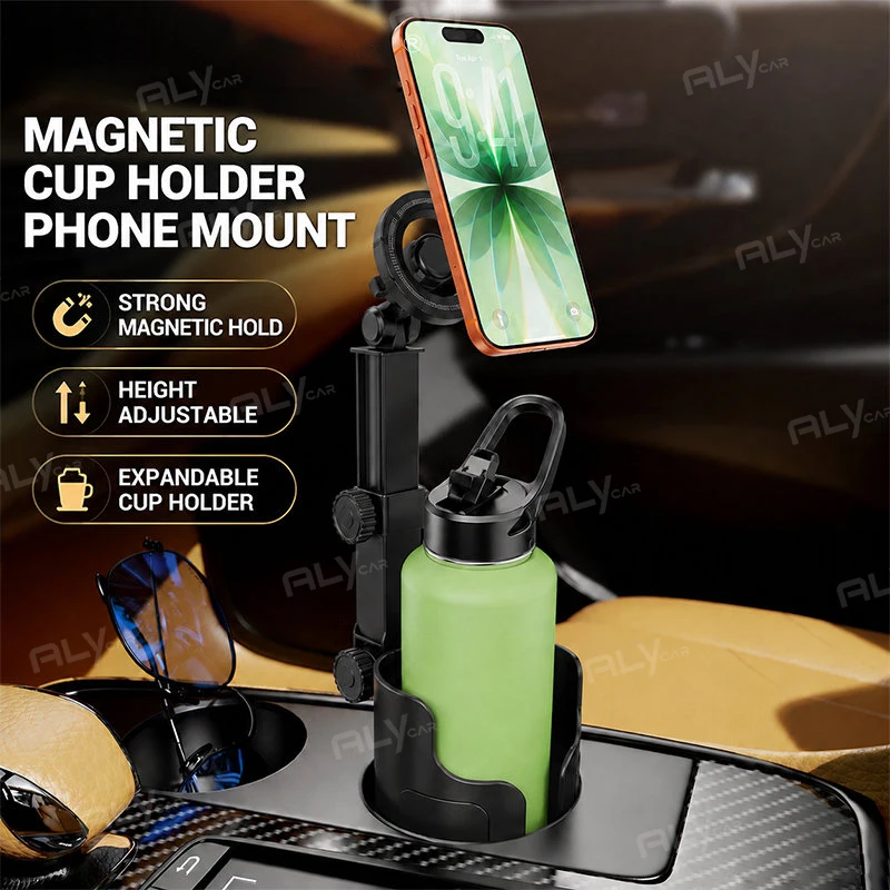 Universal 2-in-1 Car Cup Holder Magnetic Phone Mount 360° Rotatable Adjustable Stable for iPhone 16 15 14 13 12 Samsung Xiaomi