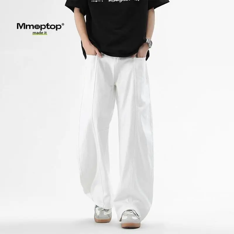 

Летние тонкие мужские джинсы Mmoptop из чистого хлопка, белые, с широкими штанинами, прямого кроя, дышащие, длинные брюки, повседневные, свободного кроя