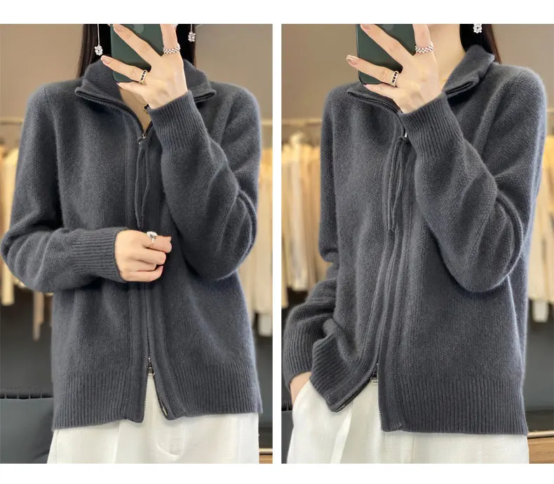 Autumn And Winter New Thick Two-Way Zipper Wool Cardigan Women's Loose Casual Sweater Solid Color Knitted Cashmere Coat