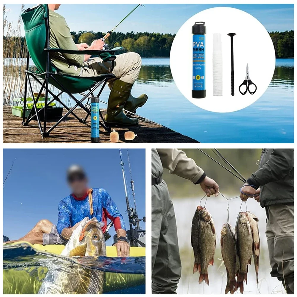 1 Set 5M Water Soluble Mesh 25/37mm PVC Bucket Funnel Plunger With Folding Scissors Carp Fishing Bait Thrower Accessories