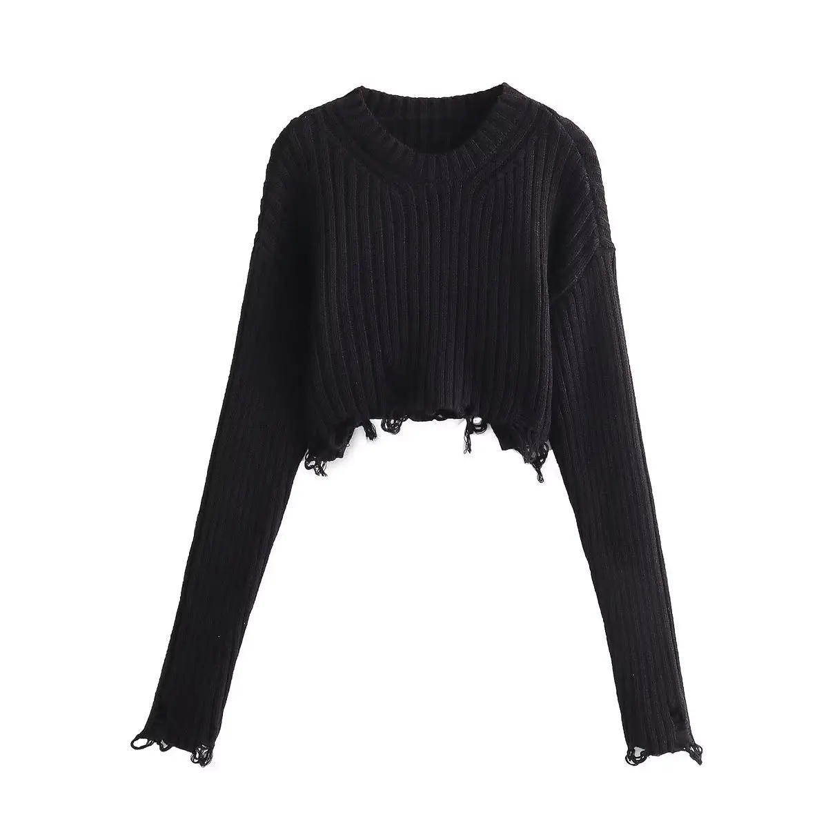 Women Fashion Ripped Cropped Knit Sweater Vintage O Neck Long Sleeve Female Pullovers Chic Tops