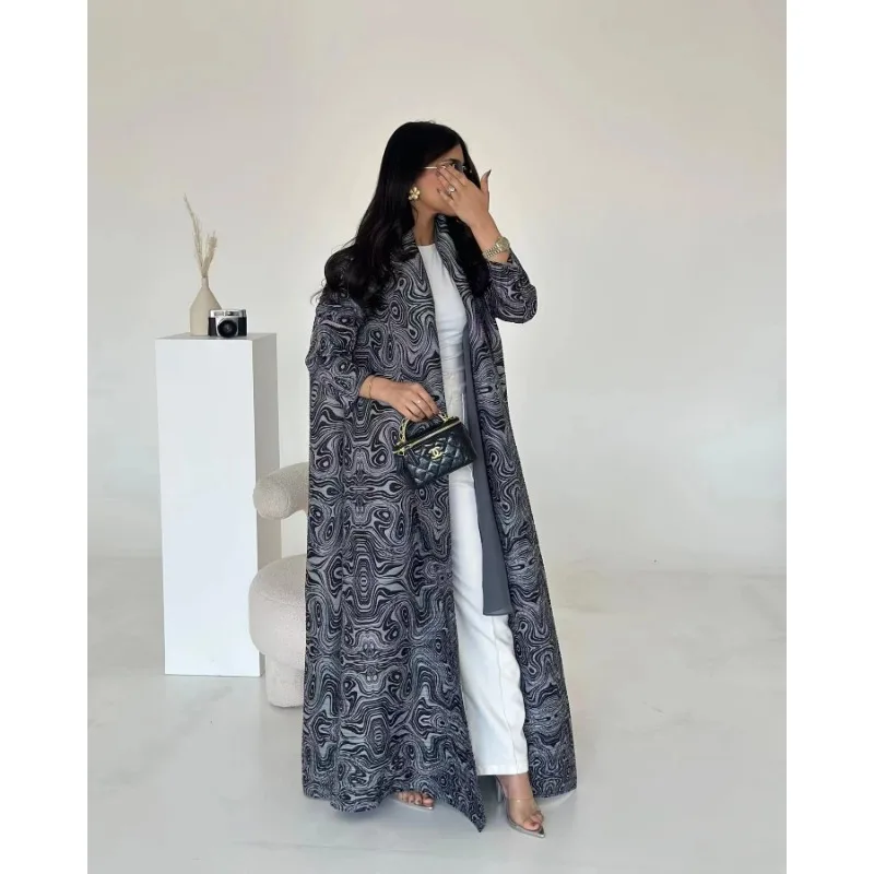 KAF Women Large Size Abaya 2025 Spring  Autumn New Retro Printing Cardigan Tie Original Design Dubai Luxury Female Abaya