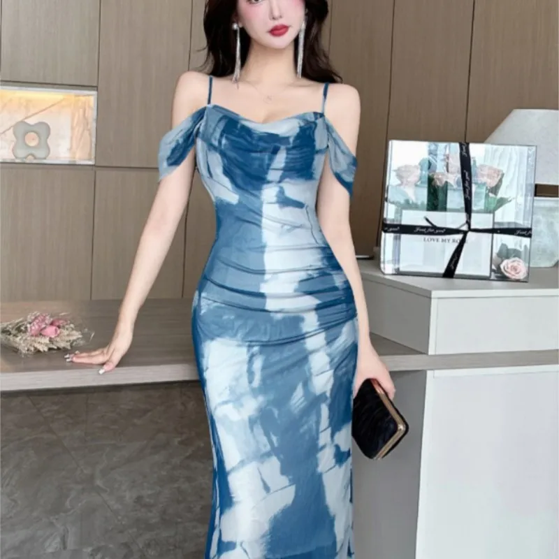 

Royal sister wind oil painting printed mesh sling sheath bag hip figure seaside atmosphere dress