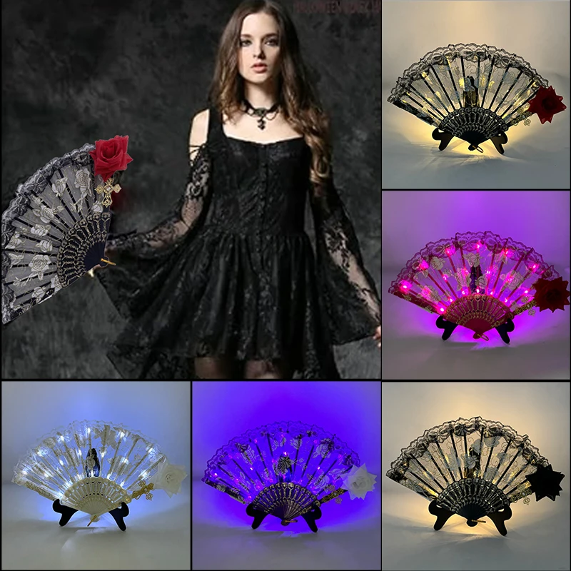 9inches Retro LED Glowing Fan Dark Lolita Rose Lace Folding Plastic Fan Dance Halloween Hand Fans Light Up Cosplay Party Props