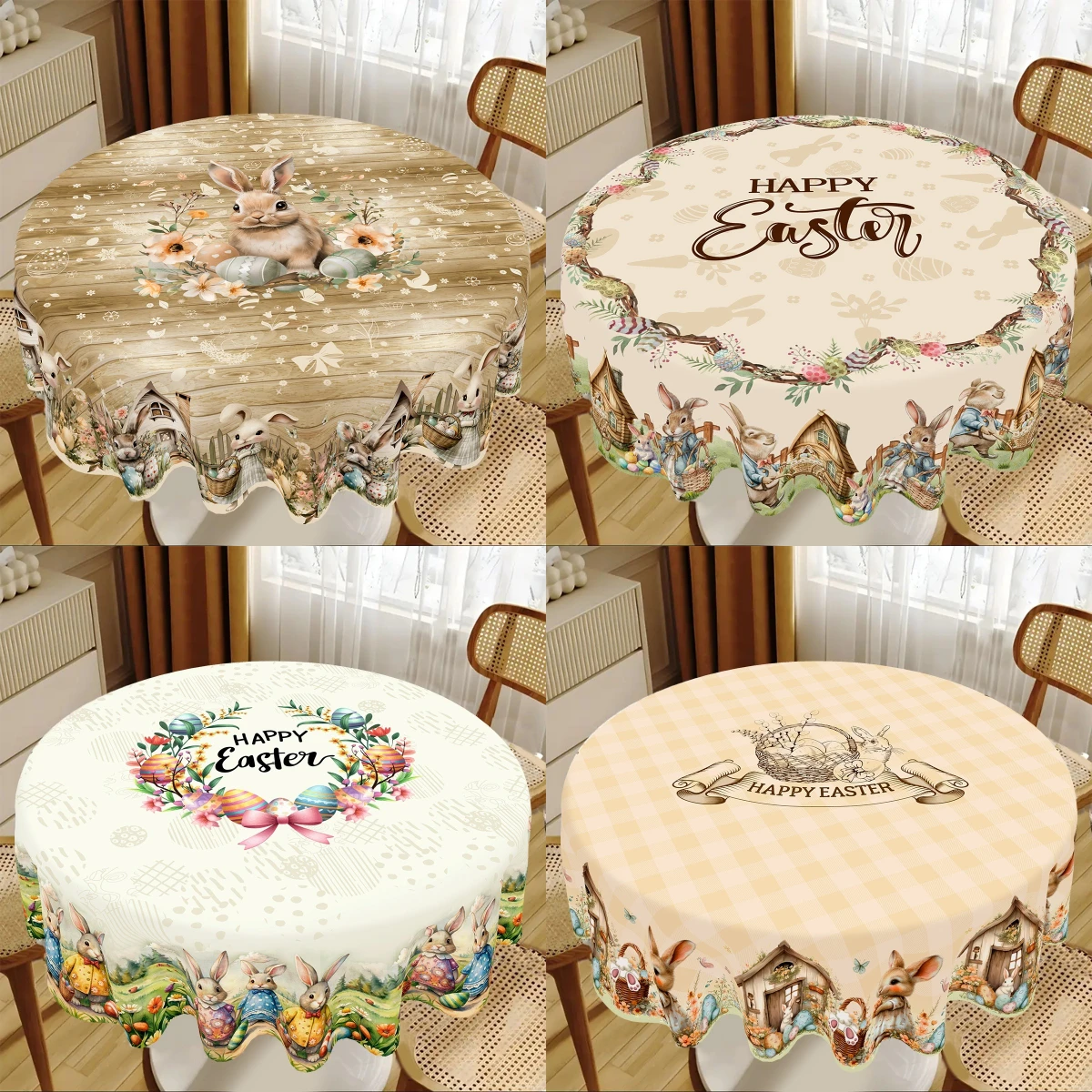 Runde Osterhase bedruckte Tischdecke Urlaub Party Dekor Frühling Blume Blätter Pflanzen Tischdecken Küche Esstisch Dekor