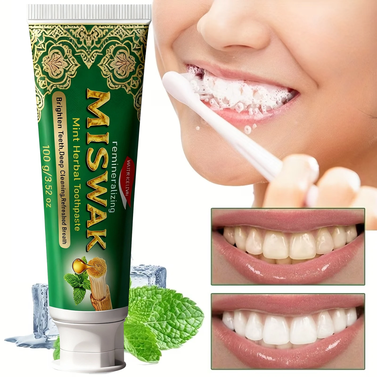 Miswak Remineralizing Mint Herbal Toothpaste - Deep Cleansing, Teeth Brightening & Fresh Breath with Hydroxyapatite