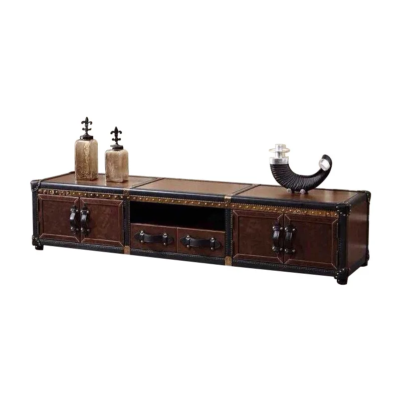 

American antique TV cabinet with oil wax leather small apartment living room combination storage long cabinet export furniture