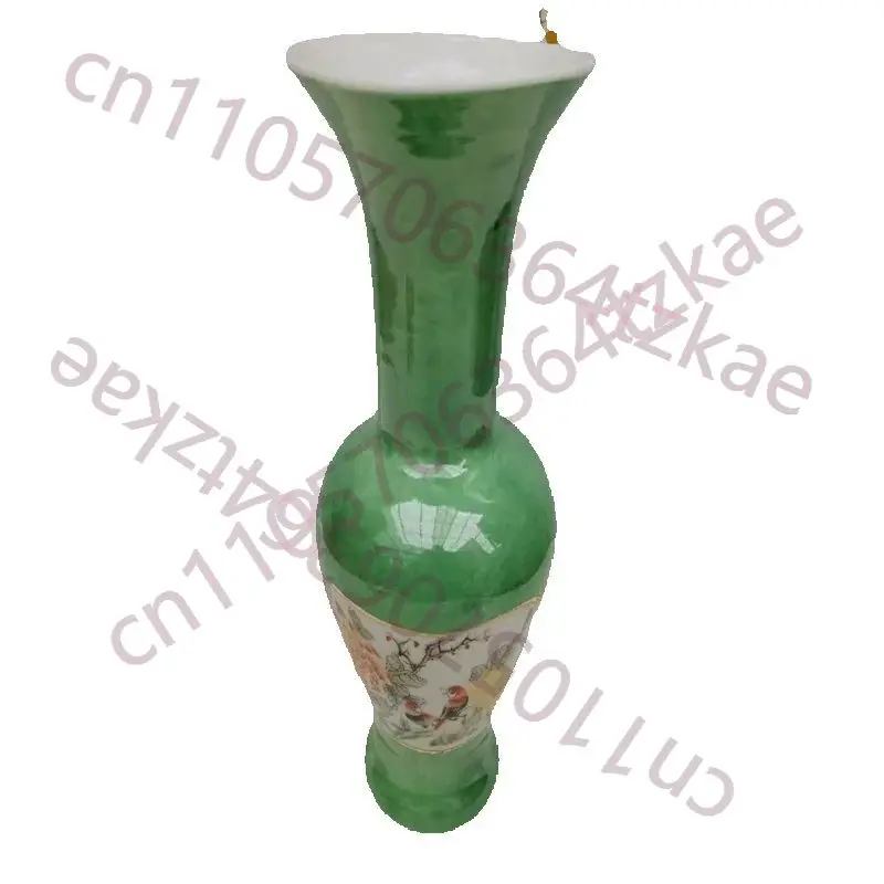 

Vintage Chinese Old Porcelain Vase ,with Green background Flowers birds ChartLong neck and wide mouth bottle Decorative Pottery