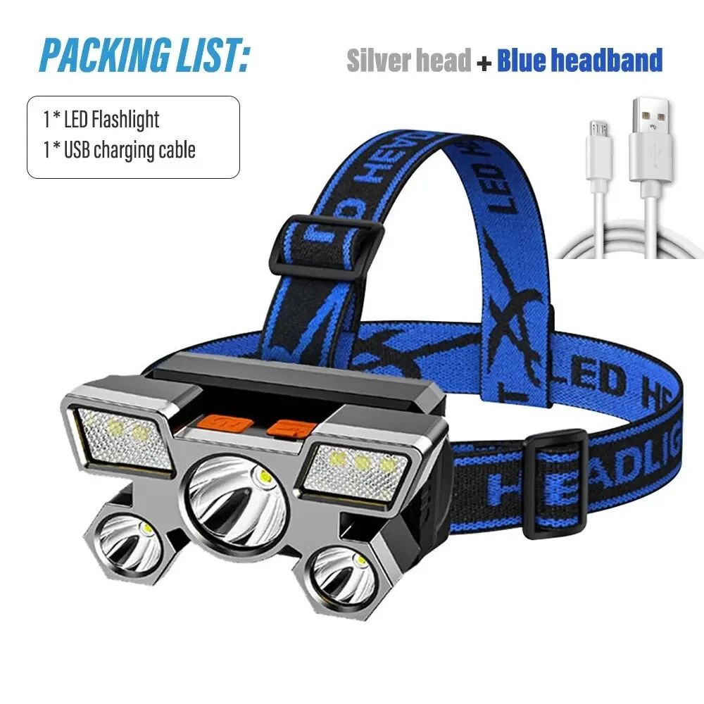 High Power Headlamp Fishing Camping Light 5*LED Super Bright Rechargeable Long Distance Head Mounted Mining Lamp Flashlight view 2