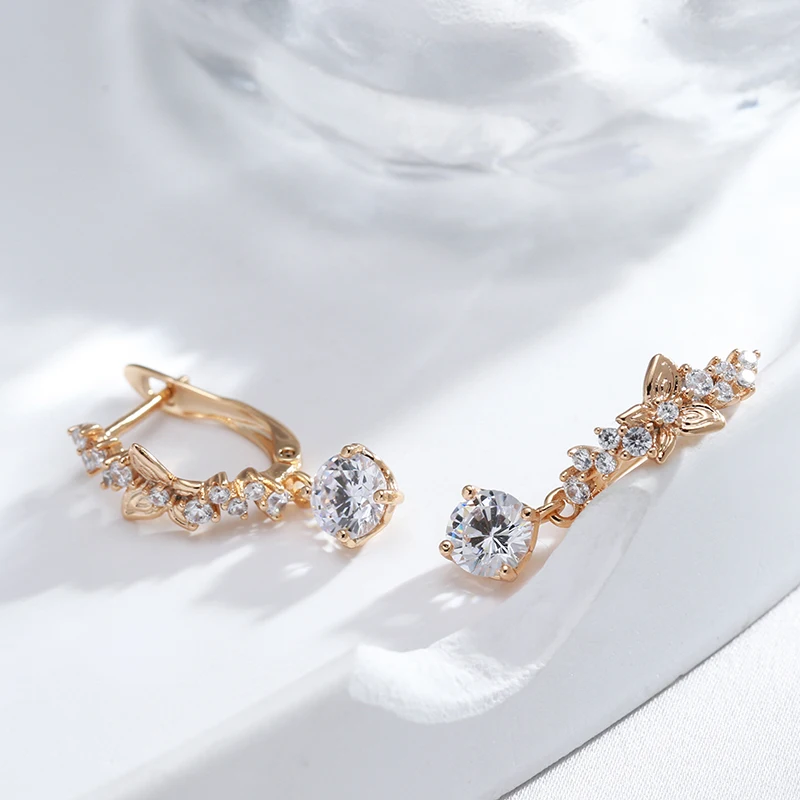 Kinel Luxury 585 Rose Gold Color Women Earring Bling Natural Zircon Dazzling Hollow Butterfly Dangle Earring Fine Daily Jewelry