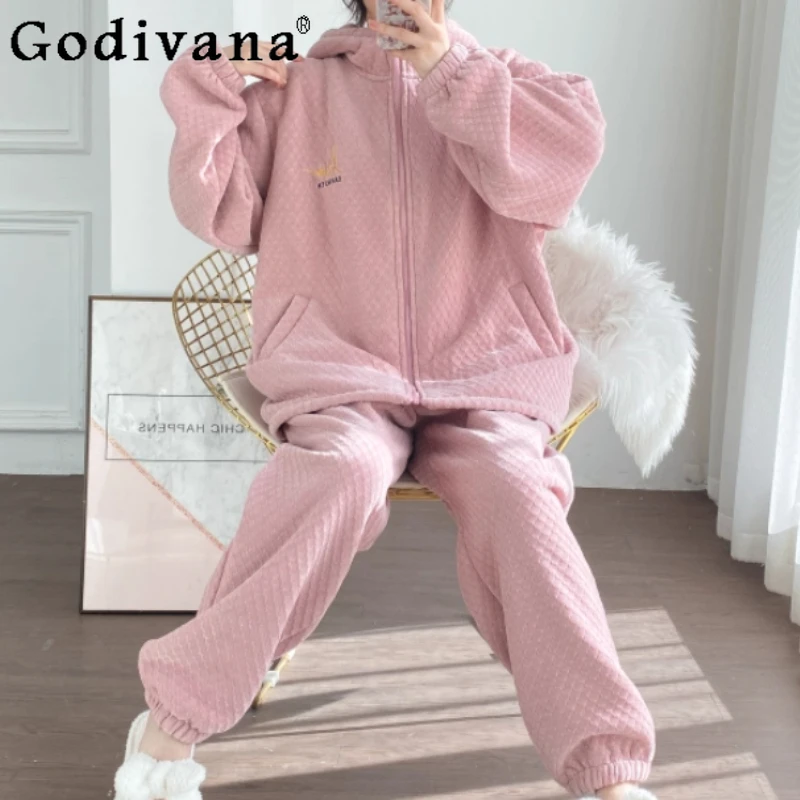

Winter Large Size Zipper Hooded Thickened Flannel Pajamas Cardigan Fashion Elastic Waist Loose Warm Trousers Loungewear Sets