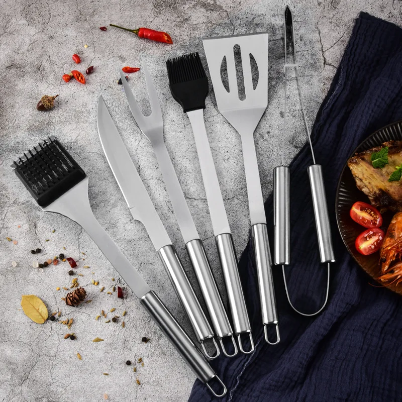 

BBQ Barbecue Tool Set, Stainless Steel Outdoor Barbecue, Knife, Fork, Shovel, Combination, Cloth Jin Bag, 6 Pcs Set