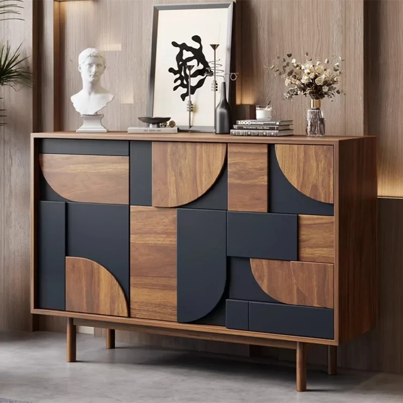 

Mid century Modern Style Side Cabinet 90cm for Living Room Unique Pattern Multiple Storage Spaces for Villa Wooden Side Cabinet