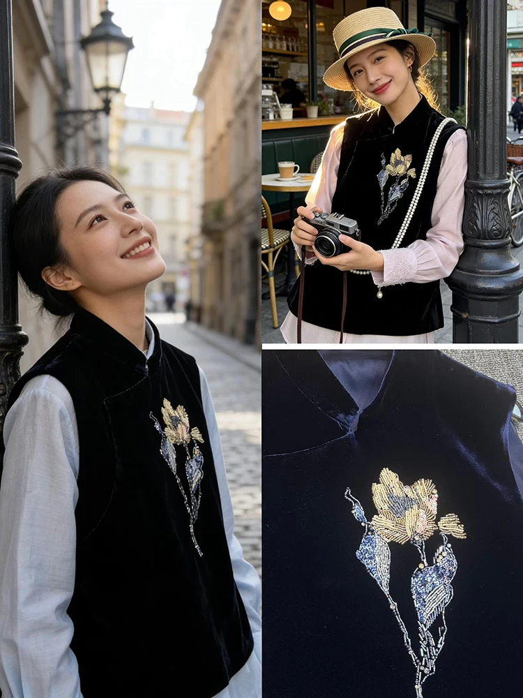 

Новая женская куртка-жилет из шелкового бархата ручной работы с бисером и тяжелой вышивкой в виде тюльпанов, королевский синий цвет, весенняя коллекция в китайском стиле