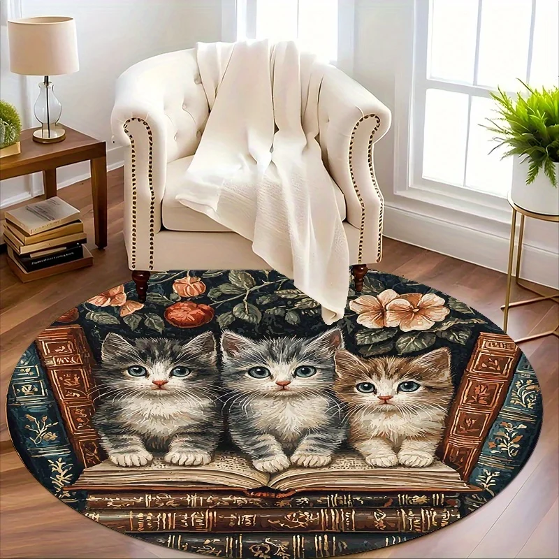 Cat and Book Style Flannel-printed round floor mats are slip-resistant Suitable for living room bedroom terrace garden carpets