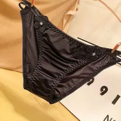 Culotte Sexy en Satin avec Ceinture Fine pour Femme, Sous-vêtement à Fleurs Tridimensionnelles Respirant et Confortable, Doux et Mignon, Bas