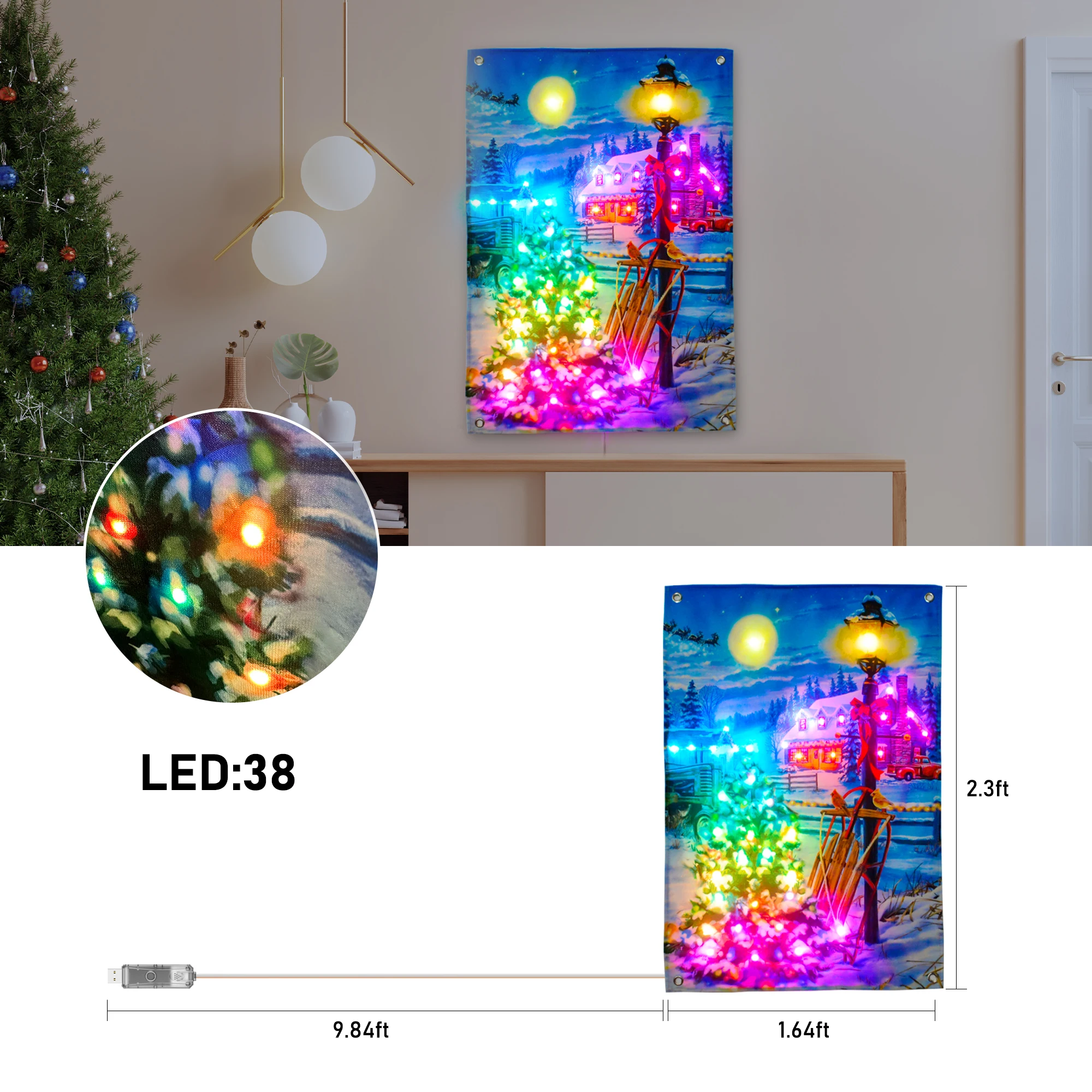 Guirxiété de toile de tapisserie colorée d\'arbre de Noël, lumières RVB, contrôle d\'application, alimentation USB, mur, décor de porte