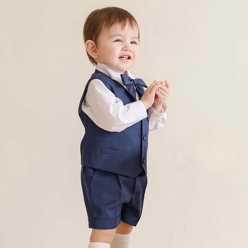 

CNbeiboom Boutique Boys Girls Clothes Set Formal Birthday Suit Kids Blue Vest Shirt Short Bowtie Wedding Dress Suit Costume