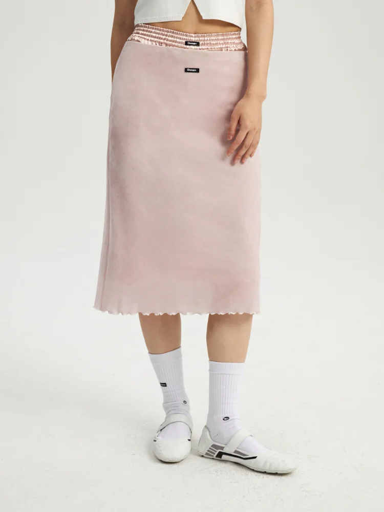 Oneup Velvet Mesh Half Skirt Spring 2025 Slimming Versatile Long Drapey Design Commute High Waist A-Line Midi Skirt