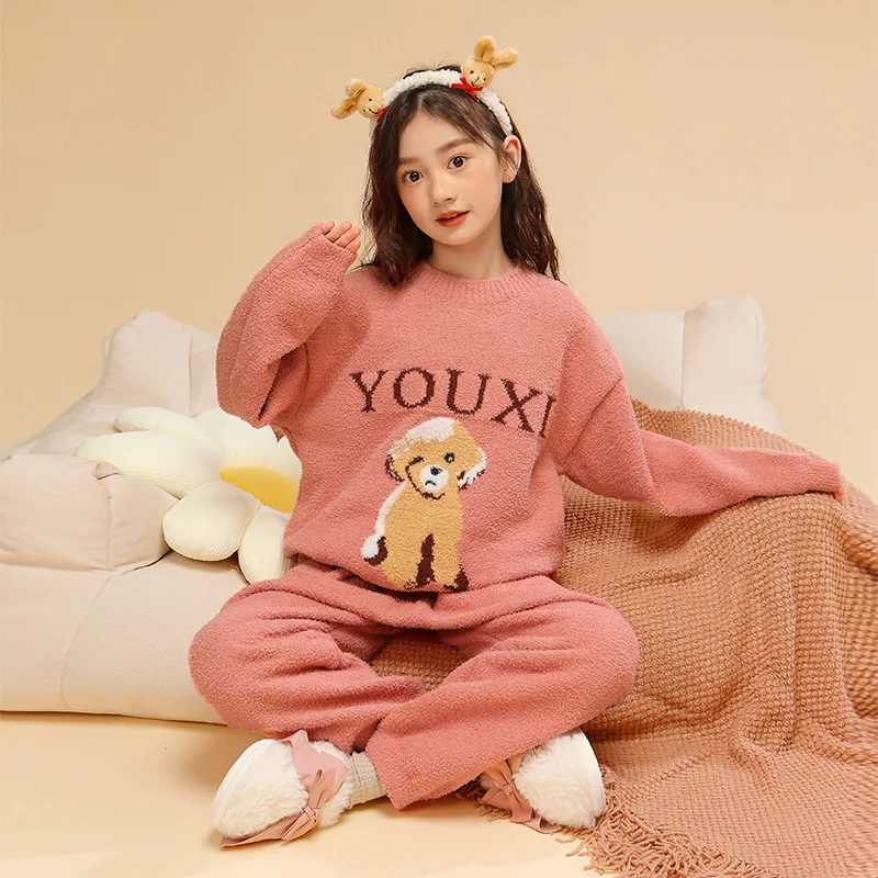 

Winter Autumn Children Girl Flannel Pajamas Cartoon Dog Long Sleeve Tops+Pants Suits Cute Coral Plush Comfortable Home Pjama Set