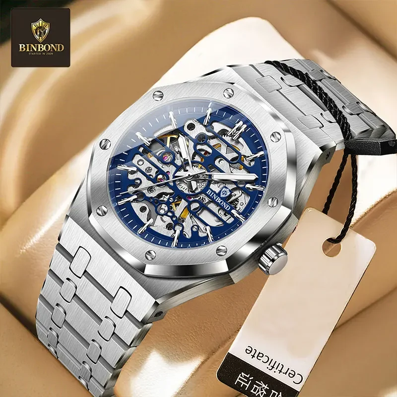 

BINBOND модные спортивные мужские часы из нержавеющей стали автоматические механические наручные часы деловые мужские часы со скелетом Reloj Hombre