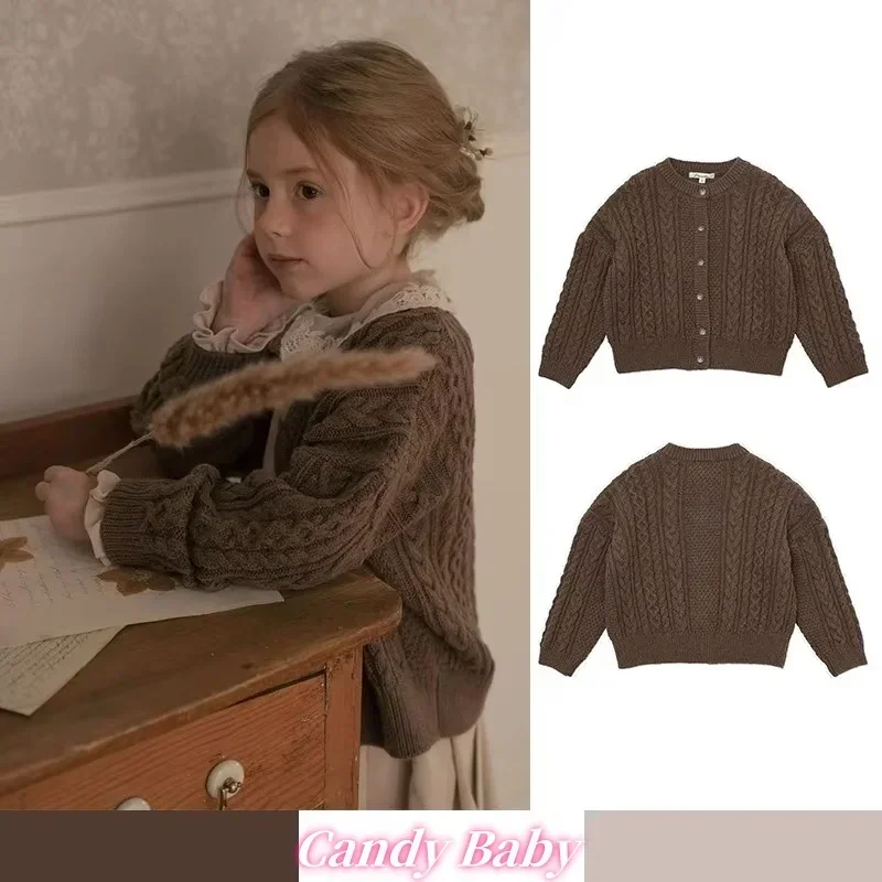 

In Stock! 2025 AW New LOU Children's Vintage Cardigan Sweater Coat Girls Twist Sweater