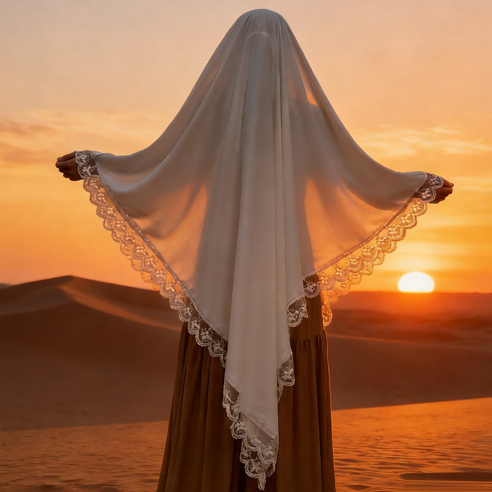 

Длинный кимар с кружевом, хиджаб, платок, мусульманский скромный хиджаб для намаза, исламская одежда, джеллаба, кебая, джалабия, головной убор для Рамадана