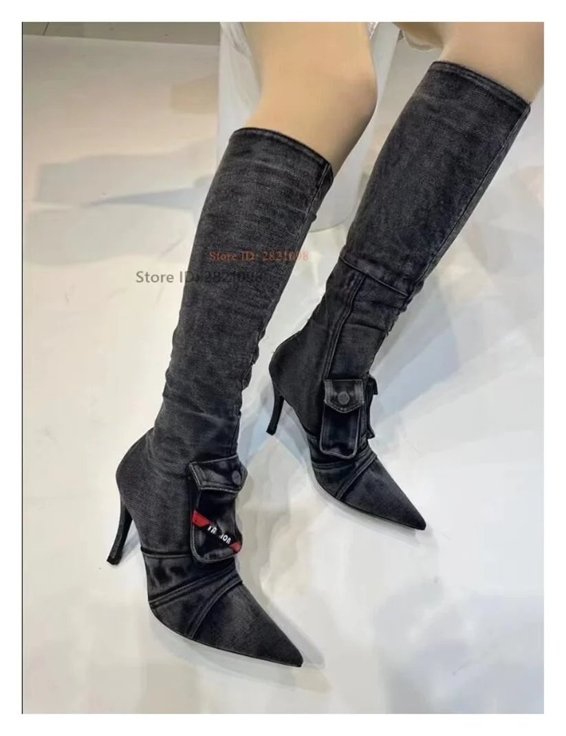 

Женские дизайнерские сапоги до колена с острым носком и карманами, разноцветные лоскутные модные облегающие высокие каблуки для ночного клуба, сексуальные длинные сапоги