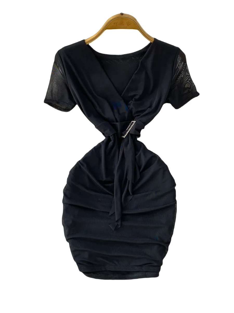 Foamlina 여성 여름 메쉬 미니 드레스 섹시한 크로스 V 넥 타이 허리 딥 넥 라인 슬림 피트 Bodycon Club Party Outfit