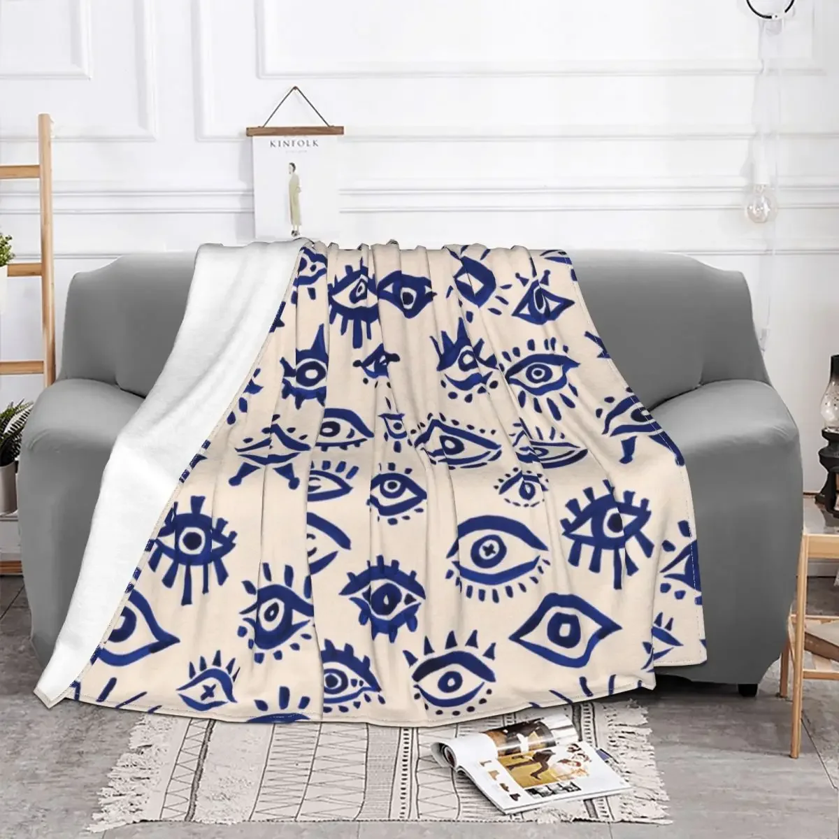 Mystic Eyes Navy Evil Eye Blanket Flannel Decoration Multifunction Super Soft Throw Blankets for Home Office Quilt